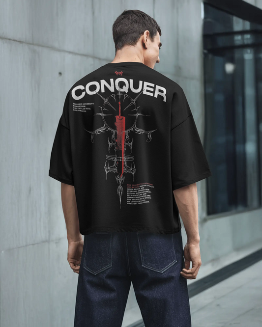 “CONQUER REBORN” — Oversized Streetwear Tee | Motivational Gothic Edition